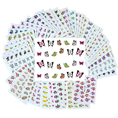 New8Beauty Nail Art Stickers Decals (50-Pack) - DIY Water Transfer Manicure Nails Stickers for Women Girls Kids - Nail Spa Party Favors New8Beauty
