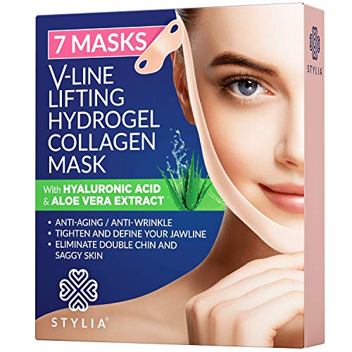 7 Piece V Line Shaping Face Masks – Lifting Hydrogel Collagen Mask with Aloe Vera – Anti-Aging and Anti-Wrinkle Band - Double Chin Reducer Strap - Contouring, Slimming and Firming Face Lift Sheet Stylia Store