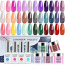 Lavender Violets Quick Drying Dipping Powder Bundle Set of 36 Colors Pale Purple, Orchid, Nude, Pink, Navy Blue and Christmas Colors with Base coat, Top coat, Activator, and Brush Saver Lavender Violets
