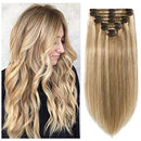 S-noilite Clip in Hair Extensions Human Hair Balayage 100% Real Human Hair Thick Double Weft Full Head 8 Pieces/18 Clips Straight Silky (24 Inch - 170g,Light Golden Brown/Bleach Blonde (
