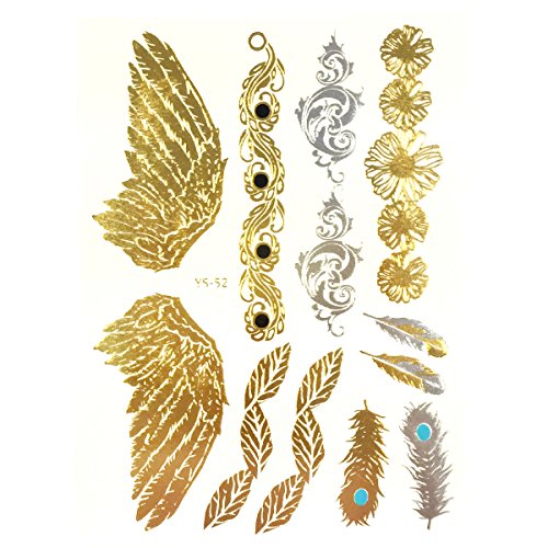 Allydrew Large Metallic Gold Silver and Black Body Art Temporary Tattoos, Feathers, Wings, Daisies allydrew