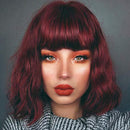 ROSEBUD Wavy Bob Wig with Bangs Natural Wine Red Wig Synthetic Hair Shoulder Length Short Curly Wigs for Women Rose bud
