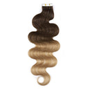 Hairro Tape in Human Hair Extensions 18 Inch Long Wavy 100g 40pcs/pack Ombre Medium Brown to Dark Blonde Body Wave Thin Silky Seamless Skin Weft Glue in 2 Tones Human Hairpieces Hairro