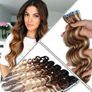 Body Wave Tape in Hair Extensions 40pcs 80g 100% Human Wavy Hair 14 inch Highlighted Light Brown & Bleach Blonde Long Soft Remy Hair Silky Seamless Invisible Double Side Tape