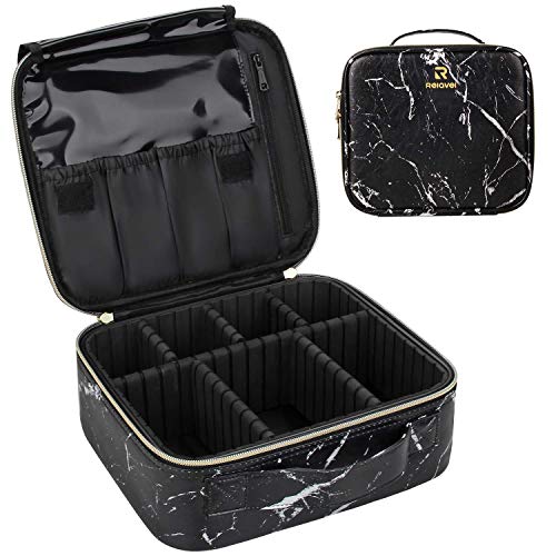 Relavel Travel Makeup Train Case Makeup Cosmetic Case Organizer Portable Artist Storage Bag with Adjustable Dividers for Cosmetics Makeup Brushes Toiletry Jewelry Digital Accessories (Marble, Black) Relavel