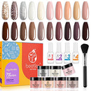 Beetles 20PCS Dip Powder Nail kit, Bare Collection Dip Nails Powder Starter Kit, White Nude Pink Brown Glitters Colors Dipping Powder with Base Top Coat Activator Brush Saver beetles Gel Polish