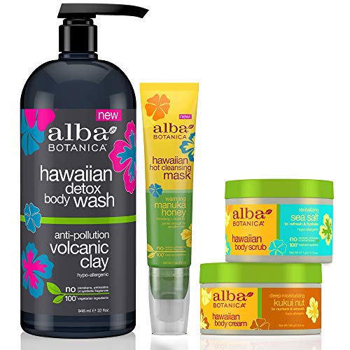 Alba Botanica Hawaiian Home Spa Kit with Plant Based and Cruelty Free Body Wash, Body Scrub, Body Cream and Honey Face Mask Alba Botanica