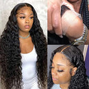 ISEE Hair Transparent Lace Front Wigs Human Hair Deep Wave Wigs 150% Density Deep Curly 13X4 Lace Frontal Human Hair Wigs for Black Women Pre Plucked with Baby Hair Natural Color (16 Inch) ISEE