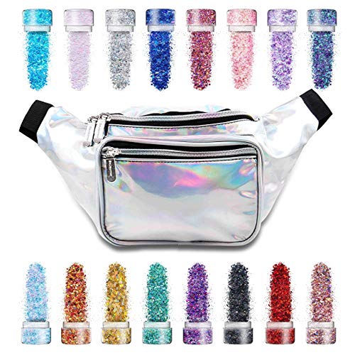Cosmetic Chunky Glitter & Rave Pasties Festival Bundle - 16 Pack + Sojourner Holographic Rave Fanny Pack (Holographic Silver) SoJourner Bags