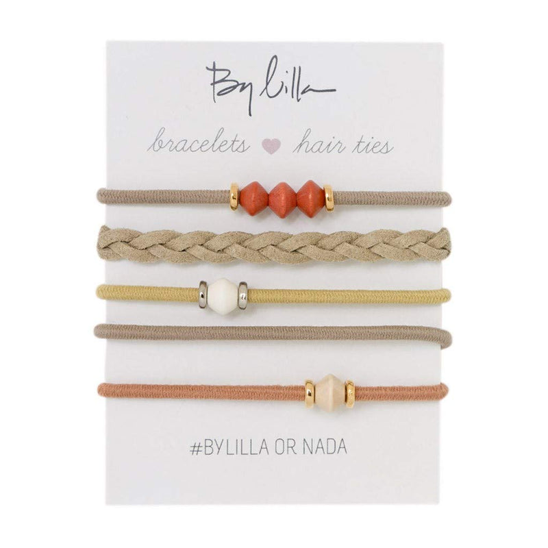 By Lilla Limestone Mini Stack Elastic Hair Ties and Bracelets | Set of 5 Hair Tie-Bracelets | Hair Accessories for Women | No Crease Hair Ties & Women’s Bracelets (Brown / Gold / Nude / Orange) By Lilla
