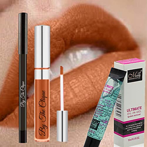By The Clique Premium Long Lasting Matte Lipstick, Liner and Remover Set | Natural Brown Nude | Sarbear By The Clique
