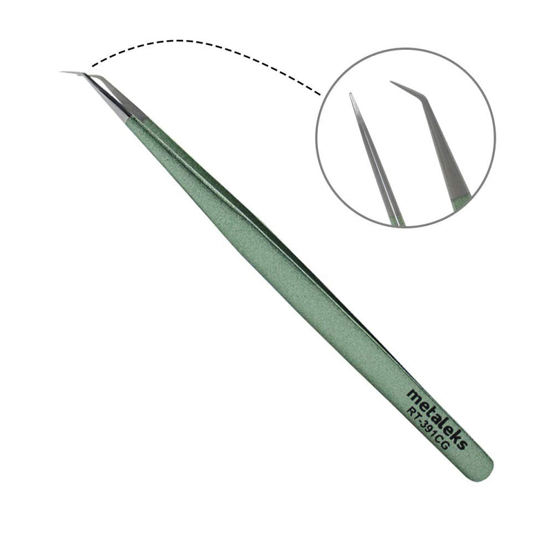 Tweezers for Eyelash Extension - Long 45° Angular Tip Tweezers - Hand Crafted Surgical Stainless Steel Precision Tweezers (Metallic light Green Powder Coated) metaleks