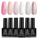 Beetles French White Gel Nail Polish Kit - 6 Pack Nude Pink Glitter Gel Polish Set Soak Off LED Lamp Nail Gel Manicure Kit Cured Gel Base Top Coat Needed DIY Home Salon Nail Art beetles Gel Polish