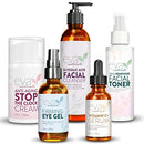 Eva Naturals Rewind Time Bundle - Vitamin C Plus Serum (1oz), Eye Gel (2oz), Stop the Clock Moisturizing Cream (1.7oz), Glycolic Acid Cleanser (6oz), All-in-One Skin Renewing Facial Toner (4oz) Eva Naturals