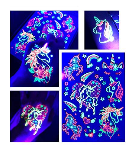 Temporary Tattoos – 1 Sheet Unicorns Design Body Paint Art Blacklight Reactive Light Festival Accessories Glow in the Dark Party Supplies | 7.2” x 5.2” Temp Great for EDM EDC Party Unicorn Rave Parties d'IRIS studio