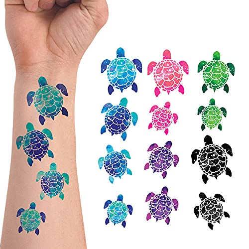 WIRESTER Temporary Tattoo Stickers for Girls Boys Kids Adults, Fake Tattoos on Face Hand Neck Wrist Party Favor Body Art, Tattoo Sheet 6 x 7.87 inch - Turtle Designs (Blue, Pink, Purple, Green, Black) WIRESTER