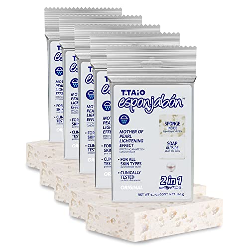 T.Taio Esponjabon Mother of Pearl Soap Sponge - Cleansing Shower Scrubber - Cleaning Bath Wash Scrub - Oil Removal - Massage & Lather Foot, Elbow, & Face - Bathroom Accessories - Fresh Scent (5-pack) T.TAIO