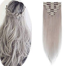 Hairro Clip in Hair Extensions 100% Human Hair Thin Grey 12 Inch Short Straight Human Hair Clip on Hairpieces 55g Machine Weft 8pcs 18 Clips for Women Hairro
