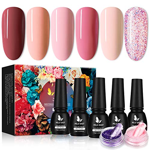 MILD EAST Gel Nail Polish Kit, 6 Colors Nude Pink Gel Nail Polish UV Gel Glitter Nail Polish with Acrylic Powder, Glossy/Matte Nail Polish Gift Set for Women MILD EAST