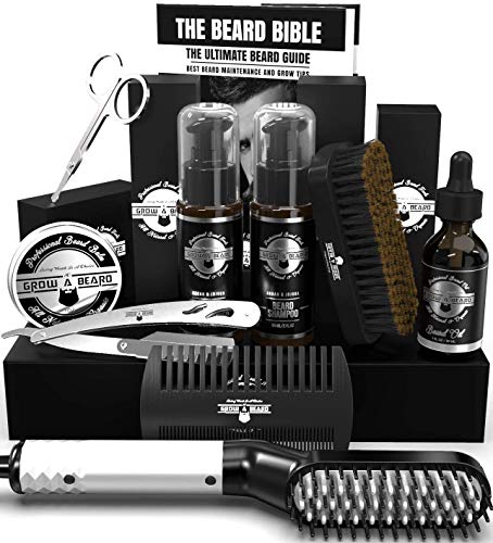 Beard Straightener Grooming Kit for Men, Beard Brush, Double Side Comb, Unscented Oil, All Natural Chanel Balm, Shampoo, Conditioner, Razor & Scissors, Perfect Gifts for Dad & Husband GROW ALPHA BEARD Store