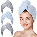 Microfiber Hair Towel,Hicober 3 Packs Hair Turbans for Wet Hair, Drying Hair Wrap Towels for Curly Hair Women Anti Frizz(Grey,Blue,Grey) Hicober