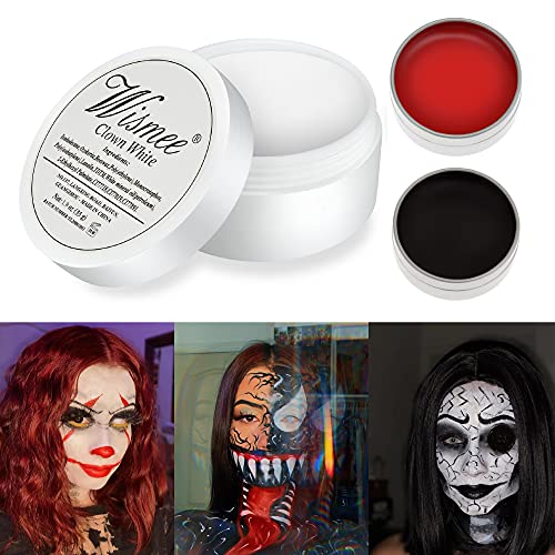 Wismee Clown Makeup Black White Red Cream Face Body Paint Clown Joker Zombie Vampire Skeleton Halloween Costume Fantasy Makeup Fancy Dress Up Cosmetics Set Oil Painting Art (White Red Black) Wismee