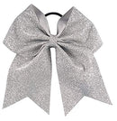 Kenz Laurenz Glitter Cheer Bows - Cheerleading Softball Gifts for Girls and Women Team Bow with Ponytail Holder Complete Your Cheerleader Outfit Uniform Strong Hair Ties Bands Elastics (1) (Silver) Kenz Laurenz