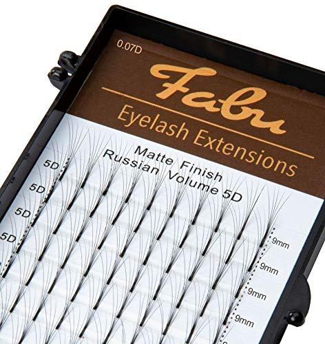 Professional Premade Fans for Lash Extensions – Handmade Russian Volume Lash Fan Tray – Natural Look, Cruelty-Free Mink Lashes for False Eyelash Extension Kit by Fabu, Matte Black, 5D 0.07 D-curl 9mm Fabu