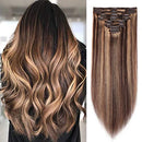 S-noilite Clip in Human Hair Extensions Balayage 100% Real Remy Thick True Double Weft Full Head 8 Pieces 18 Clips Straight Silky (12Inch - 115g,Medium Brown/Dark Blonde (