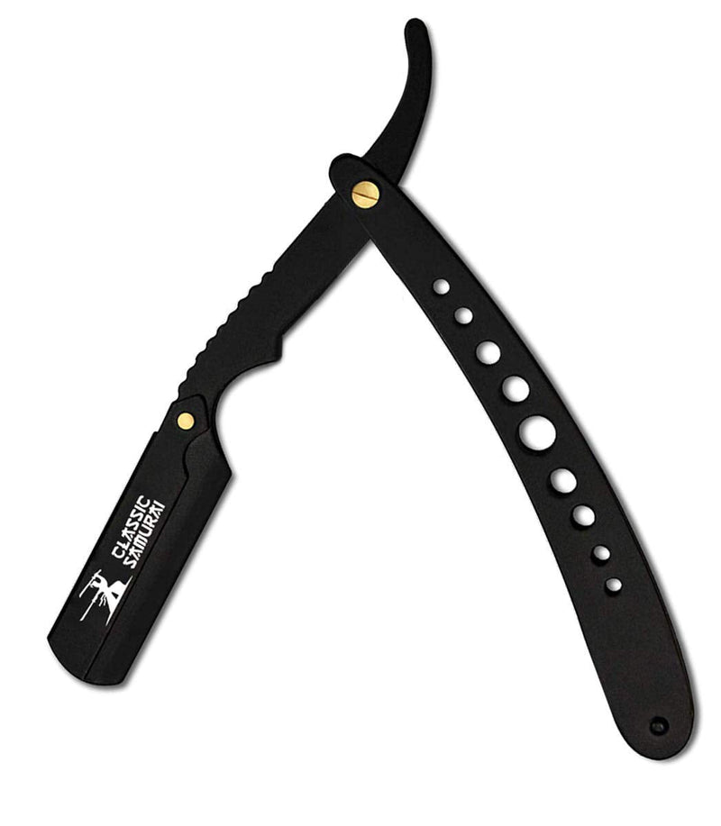 Classic Samurai New Ergonomic Design Stainless Steel Professional Folding Straight Edge Barber Razor Shavette Manual Shaver with 100 Shark Single Blades (Matte Black + 100 Shark Blades) Classic Samurai