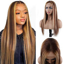 Highlight Colored 4x4 Lace Closure Human Hair Wigs 18 Inch 4/27 Ombre Brown Honey Blonde Brazilian 180% Density Straight Lace Front Wigs Human Hair Pre Plucked with Baby Hair for Black Women V SHOW