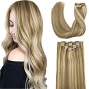 GOO GOO Hair Extensions Clip in Human Hair 16 Inch Light Blonde Highlighted Golden Blonde Color Clip in Hair Extensions Remy Human Hair Extensions Silky Straight 7pcs 120g GOO GOO