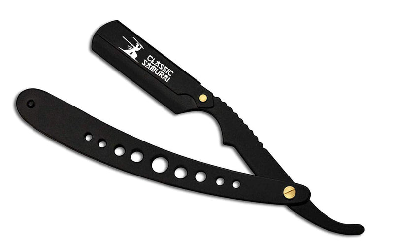 Classic Samurai New Ergonomic Design Stainless Steel Professional Folding Straight Edge Barber Razor Shavette Manual Shaver with 100 Shark Single Blades (Matte Black + 100 Shark Blades) Classic Samurai