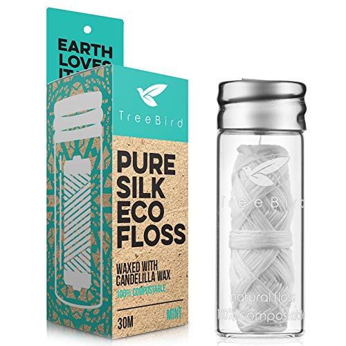 Biodegradable Dental Floss with a Refillable Glass Holder | Naturally Waxed with Candelilla Wax | 100% Compostable | 33yds/30m Natural Silk Spool | Eco-Friendly Zero Waste Oral Care | Mint Flavored TreeBird Eco Dental