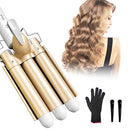 Newlemo 3 Barrel Curling Iron, Crimper Hair Iron -1Inch, Temperature Adjustable Portable Curling Wand, 25mm Hair Crimper Quickly Ceramic Tourmaline for Women/Girl with Heat Resistant Glove(Champagne) Newlemo
