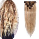 Hairro 100% Human Hair Clip in Extensions Thin Highlight Straight Human Hair Clip on Hairpieces 22 Inch Long 75g Machine Weft 8pcs 18 Clips for Women