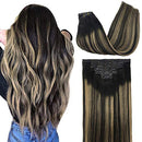 GOO GOO PU Clip in Hair Extensions Human Hair 14 Inch Balayage Natural Black to Light Blonde 130g 7pcs Seamless Hair Extensions Clip in Thick Remy Hair Extensions for Women GOO GOO