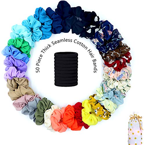 80 Pcs Scrunchies for Hair Include 30 Pcs Chiffon Flower Hair Scrunchies and 50Pcs Black Elastic Hair Bands Soft Scrunchies Hair Ties for Women or Girls Hair Accessories with Gift Bag Yanwenx