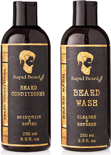 Beard Shampoo and Beard Conditioner Wash & Growth kit for Men Care - Softener & Moisturizer for Hydrating, Cleansing and Refreshing Beard and Mustache Facial Hair Gift Set (250ml / 8.5 fl oz) Rapid Beard