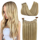 GOO GOO Halo Hair Extensions Light Blonde Highlighted Golden Blonde Remy Human Hair Extensions 20 Inch 100g Natural Hairpiece Hidden Crown Human Hair Extensions with Invisible Fish Line GOO GOO Store