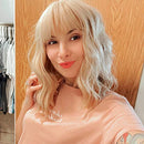 Relena Short Blonde Wig with Bangs Natural Wavy Bob Wigs for Women Heat Resistant Shoulder Length Wigs Curly Wavy Synthetic Cosplay Wig for Girl Short Bob Colorful Costume Wigs Relena