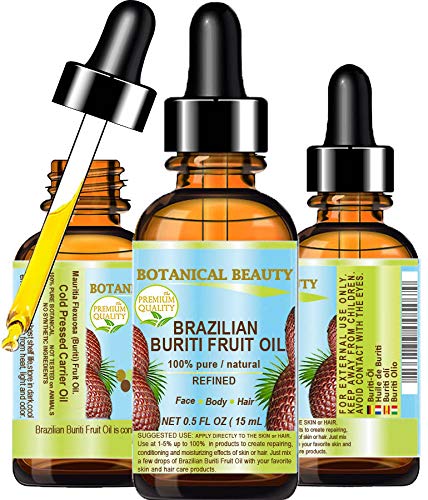 BURITI FRUIT OIL Brazilian. 100% Pure / Natural / REFINED Undiluted Cold Pressed Carrier Oil . For Face, Body, Hair, Lip and Nail Care. 0.5 fl oz- 15 ml. "One the richest natural source of vitamin A, E and C" From Amazon Rainforest. by Botanical Beauty Botanical Beauty