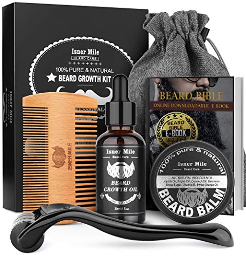 Beard Growth Kit, Derma Roller Kit, Natural Beard Growth Oil for Patchy Beard, Beard & Mustache Facial Hair Growth, Conditioner Balm, Handmade Comb, Storage Bag, Gifts for Men Him Dad Father Boyfriend ISNER MILE