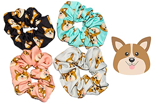 Happie Hare Scrunchies - Cotton Rounds Elastic Hair Bands - Scrunchy Hair Ties - Girls Hair Accessories - Gifts for Women (4 Pack, Mix Colors, Corgi) Happie Hare