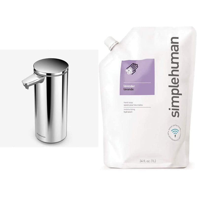 simplehuman 9 oz. Touch-Free Rechargeable Sensor Liquid Soap Pump Dispenser, Polished Stainless Steel & Lavender Moisturizing Liquid Hand Soap Refill Pouch, 34 Fl. Oz simplehuman