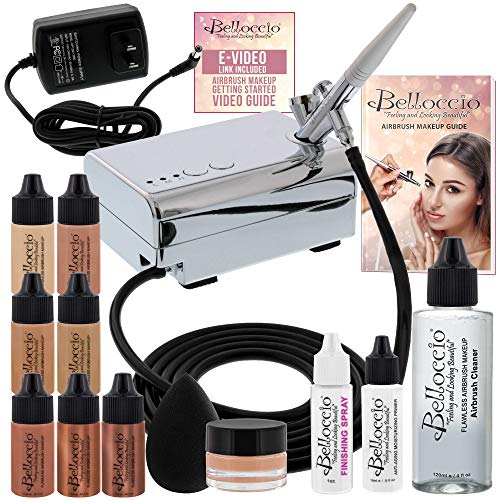 Belloccio Professional Beauty Airbrush Cosmetic Makeup System with 4 Medium Shades of Foundation in 1/4 Ounce Bottles - Kit Includes Blush, Bronzer and Highlighters Belloccio