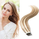 Tape in Human Hair Extensions Highlight Highlighted Double Side Tape Seamless Skin Weft Natural Hair Extensions Long Straight Silky (12" 30g,