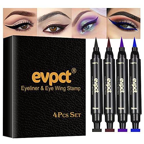 4 Color Winged Eyeliner Stamps Set,evpct Wing Waterproof Eyeliner Stamp Tool Wingliner,Blue Purple Black Brown Matte Liquid Eyeliner Colorful Set Colored Cat Eye Stamp Eyeliner Liners Pencil Pen Kit evpct
