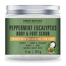 100% Natural Peppermint Eucalyptus Tea Tree Body & Foot Scrub - w/ Collagen & Stem cells, Best for Acne, Dandruff & Warts, Helps with Corns, Calluses, Athlete foot, Jock Itch & Body Odor (11 oz) First Botany