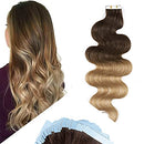 Hairro Tape in Human Hair Extensions 18 Inch Long Wavy 100g 40pcs/pack Ombre Medium Brown to Dark Blonde Body Wave Thin Silky Seamless Skin Weft Glue in 2 Tones Human Hairpieces Hairro